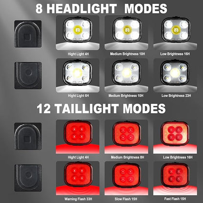 KunHe Bike Lights for Night Riding USB Rechargeable Bike Lights Front and Rear 8+12 Modes Bike Light Set Bicycle Lights Headlight and Taillight Easy to Install