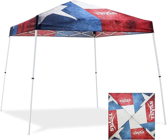 EAGLE PEAK 10x10 Slant Leg Pop-up Canopy Tent Easy One Person Setup Instant Outdoor Beach Canopy Folding Portable Sports Shelter 10x10 Base 8x8 Top (Texas Pride)