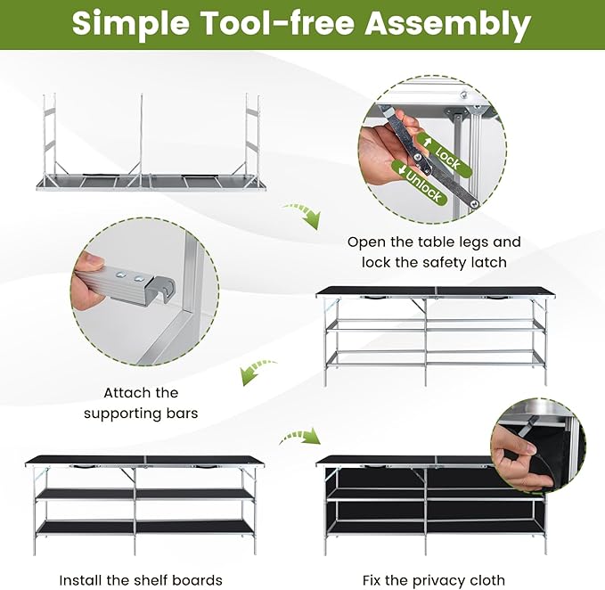 GOFLAME Folding Camping Table, Aluminum Portable Picnic Table w/ 2-Tier Open Shelves & Spacious Tabletop, Carrying Bag Included, Outdoor Large Kitchen Table for Picnic, BBQ, Party, Backyard (Black)