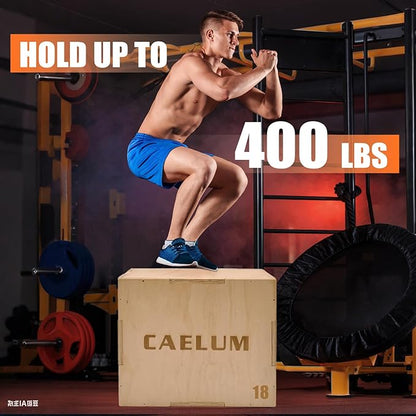 CAELUM 3-in-1 Wood Plyo Box - Non-Slip Plyometric Jump Box for Home & Gym, 400lbs Bearing Fitness Launch Box for Jumping Squats Step-ups Strength Training