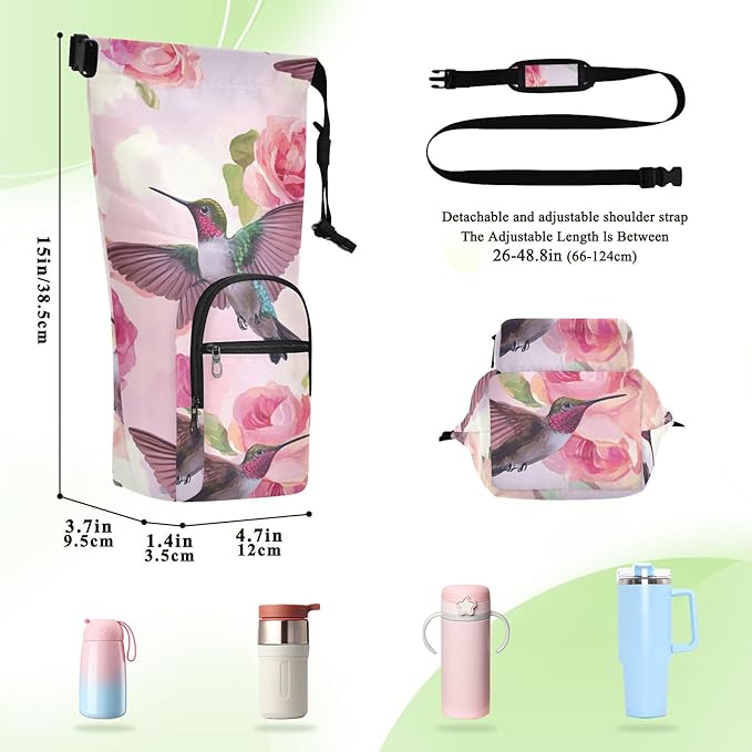 Pink Anna Hummingbird and Rose Water Bottle Holder with Strap Insulated Water Bottle Carrier Crossbody Bags Pouch with Phone Pocket for Travel Gym Hiking Walking Running