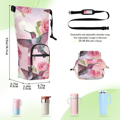Pink Anna Hummingbird and Rose Water Bottle Holder with Strap Insulated Water Bottle Carrier Crossbody Bags Pouch with Phone Pocket for Travel Gym Hiking Walking Running