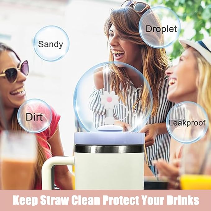 Silicone Straw Covers Toppers for Stanley Cups 30&40 Oz Tumbler Accessories Flower Straw Caps Black Blue Dust-Proof Reusable Straws Tips for Stanley Cup 10mm 0.4in Straws(4PCS)