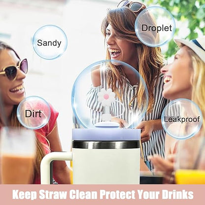Silicone Straw Covers Toppers for Stanley Cups 30&40 Oz Tumbler Accessories Flower Straw Caps Black Blue Dust-Proof Reusable Straws Tips for Stanley Cup 10mm 0.4in Straws(4PCS)