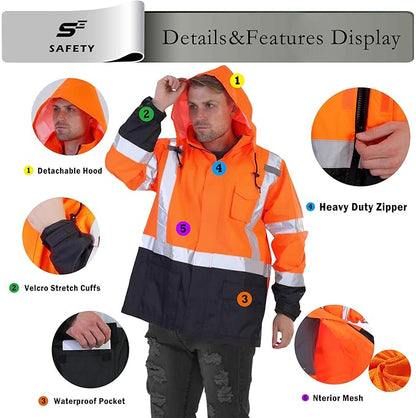 sesafety Hi Vis Rain Jacket, Rain Suits for Men Waterproof withBlack Bottom, Rain Coats for Men Interior Mesh, Class 3 HighVisibility Rain Gear,Removable Hood