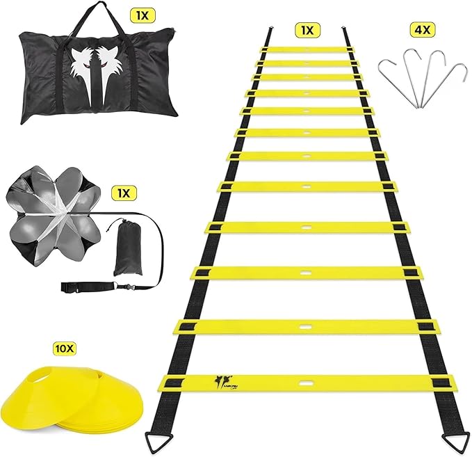 20ft Sports Agility Ladder for Men Women and Kids, Speed Youth Soccer Agility Training Equipment for Football, Exercise, Tennis, Legs Workout with Speed Parachute and Carry Bag
