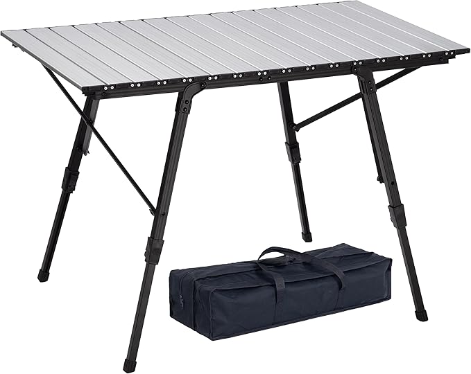 Portable Adjustable Camping Table - Sturdy Aluminum, Oversized Foldable Surface for Outdoor Picnic, BBQ, and Indoor Use,Silver