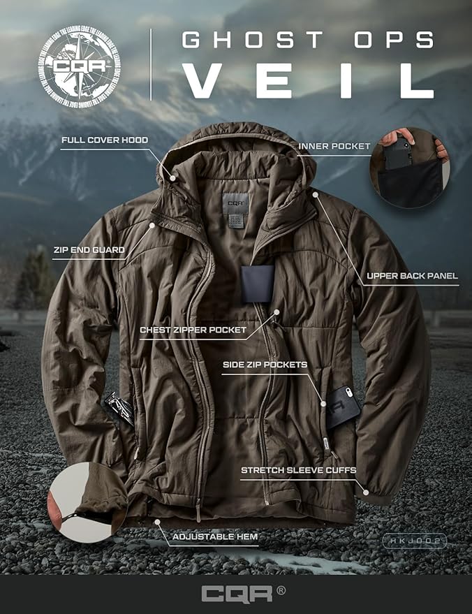 CQR Men's Lightweight Insulated Jacket, Windproof Packable Water Resistant Warm Active Coat for Hiking Work Outdoor Tactical