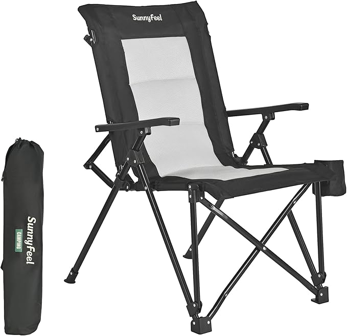 SUNNYFEEL Ergonomic High Back Camp Chair - 500lbs Heavy Duty Folding Chair, UV-Resistant Portable Camp Chair with Hard Armrests, Cup Holder＆ Bag for Outdoor, Basebal, Travel, Sports, Hiking, Fishing