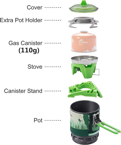 Fire-Maple "Fixed Star 3" Personal Cooking System | Pot/Jet Burner Stove System with Electric Ignition | Ideal for Hiking, Camping, Backpacking, Fishing, Hunting Trips and Emergency Use, Green