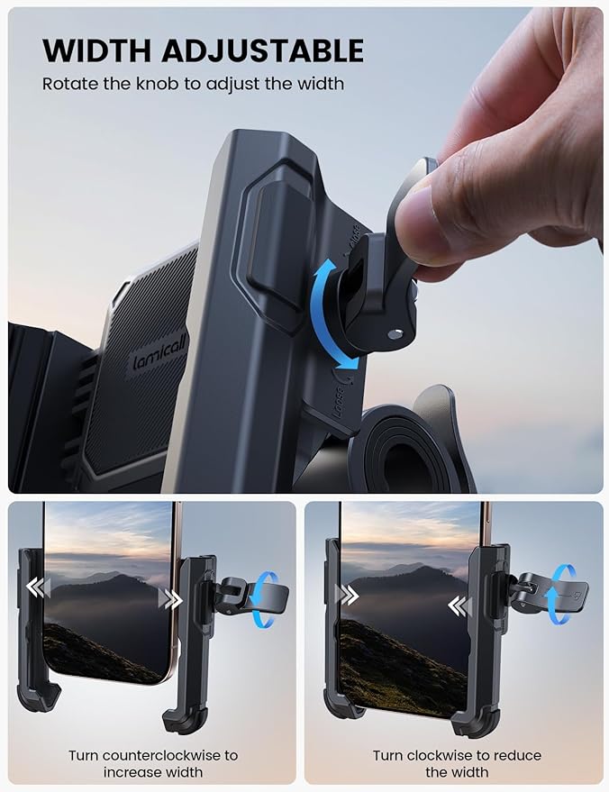Lamicall Motorcycle Bike Phone Mount - [No Block Camera] [1s Lock] Bike Cell Phone Holder Clamp, Bicycle Scooter Handlebar Clip, for iPhone 17 16 15 14 Pro Max, Galaxy S25 S24 Ultra, 4.7-7" Phones