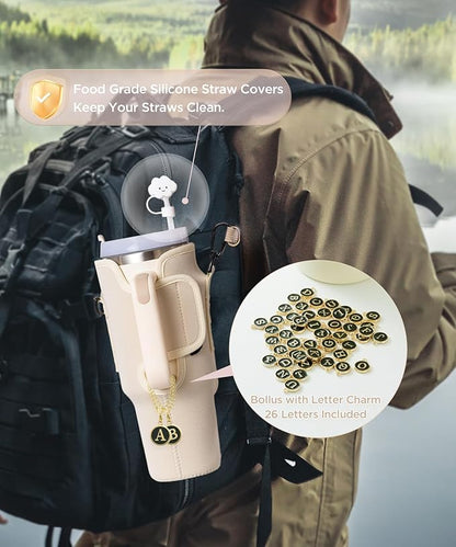 dabria Water Bottle Carrier Bag with Phone Pocket for Stanley 40 oz Tumbler Neoprene Water Bottle Holder Pouch with Adjustable Strap Bollus with Straw Cover & Letter Charm for Stanley Cup Accessories