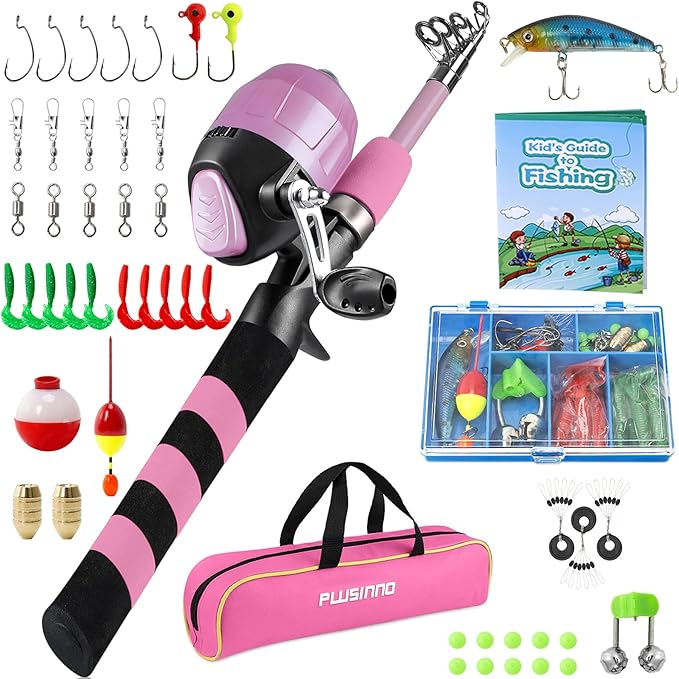 PLUSINNO Kids Fishing Pole, Portable Telescopic Fishing Rod and Reel Combo Kit - with Spincast Fishing Reel Tackle Box for Boys, Girls, Youth