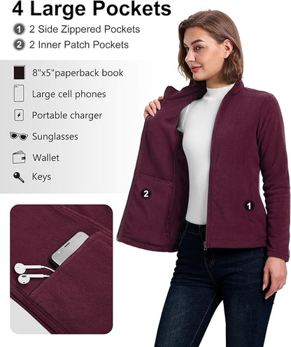 33,000ft Women's Zip Up Fleece Jacket, Long Sleeve Warm Soft Polar Lightweight Coat with Pockets for Winter