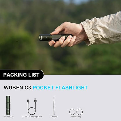 WUBEN C3 Flashlight 1200 High Lumens Rechargeable Flashlights 6 Modes Super Bright IP68 LED Tactical Flashlight for Camping, Home, Emergenc, Inspection, Repair, Tool Gifts for Men(Army Green)