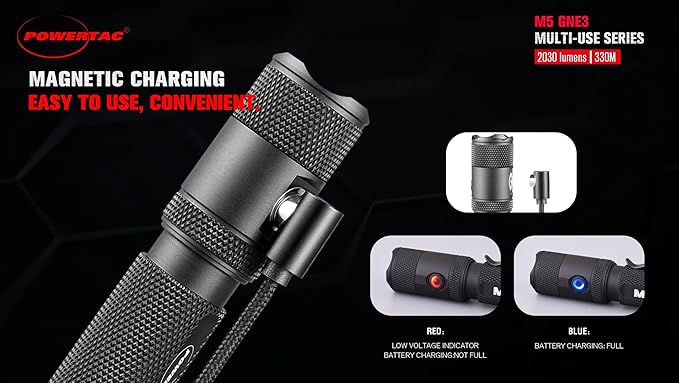 PowerTac M5-G3 2030 Lumens Rechargeable Tactical Flashlight, 330M Throw with Magnetic Charging and Dual Switch, LED Flashlight for Outdoor Emergency