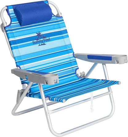 SUNNYFEEL Extra Wide 28" Low Beach Chair 5 Position Lay Flat, XL Oversized Portable Folding Camping Chairs with Cup Holder for Outdoor/Trip, Lightweight Foldable Backpack Beach Chair for Adults