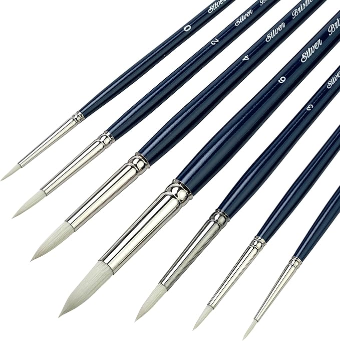 Silver Brush Limited BR-1950 Bristlon Long Handle Round Brushes with Stiff White Synthetic Tips, 7pc Premium Painting Set for Acrylic, Oils, Gouache, Watercolor & All Media, Sizes 00, 0, 1, 2, 3, 4, 6