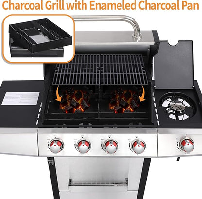 Cookit 4-Burner Gas Grill with Side Burner, 49,000 BTU Output - Double-layer Stainless Steel Grill Lid, Cast Iron Grates, Griddle & Charcoal Pan, Easy-Clean Grease Management for Perfect BBQs