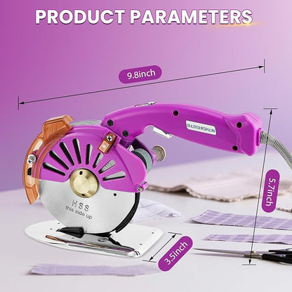 BAOSHISHAN Electric Fabric Rotary Cutter Heavy Duty Speed Adjustable Fabric Scissors Round Blade Cutting Machine for Multilayer Fabric Leather Cloth Carpet (100mm Plug-in Purple)
