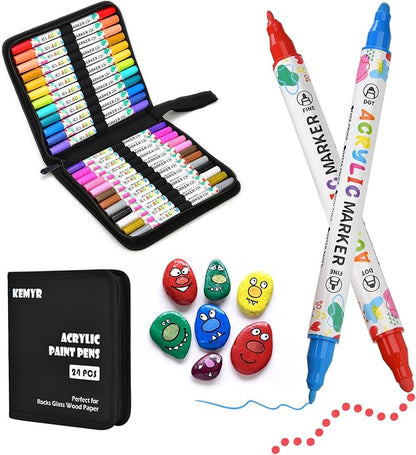 24 Colors Acrylic Paint Pens, Dual Tip Acrylic Paint Markers for Paper, Wood, Canvas, Stone, Rock Painting, Glass, Fabric, DIY, Ceramic, Art Supplies for Kids and Adults Drawing (Dot + Fine)