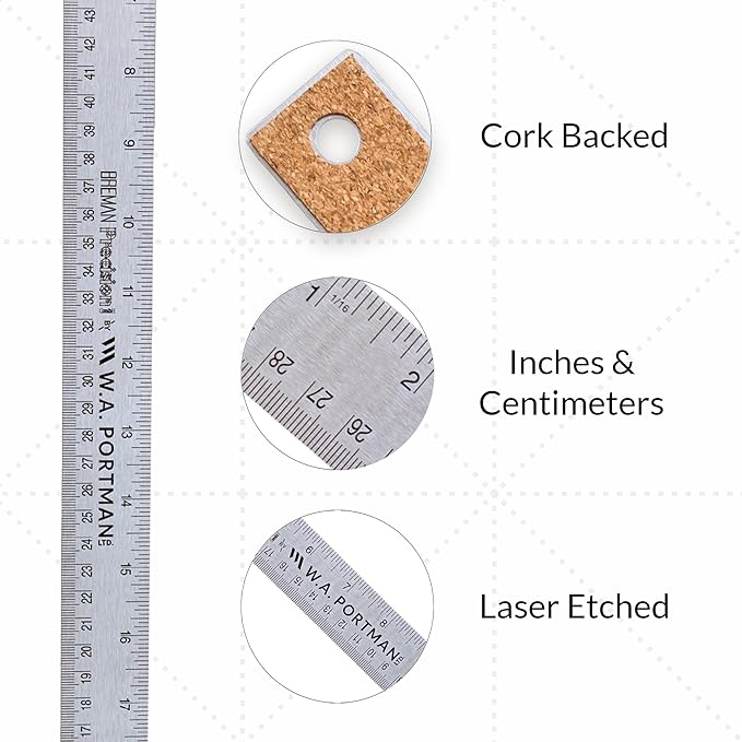 Breman Precision Metal Ruler 24 Inch Cork Back – 2 Pk Stainless Steel Straight Edge, Flexible Non-Slip Metal Ruler with Cork Backing – Imperial & Metric for Crafting, School, Workshop & Home Use