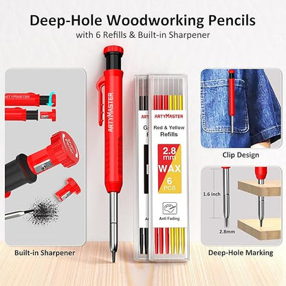 8 inch Carpenter Square, 1/16" Precision Hole Scribing Square Tools, 0-90° Aluminum Alloy Rafter Square, Woodworking Square & Carpenter Pencils 12 Refills