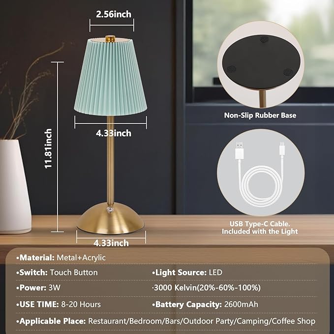 Cordless LED Table Lamp with Dimmer, Built-in Rechargeable Battery, 3-Level Brightness, Patio Table Lamp, Bedside Night Lamp, Ambient Light for Restaurant, Antique Brass (Baby Blue)