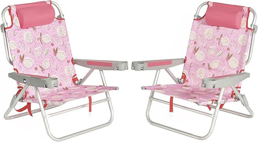 SUNNYFEEL Extra Wide Low Beach Chair 2 Pack 5 Position Lay, XL Oversized Portable Folding Camping Chairs with Cup Holder for Outdoor/Sand, Foldable Backpack Beach Chair for Adults Heavy Duty 500 LBS