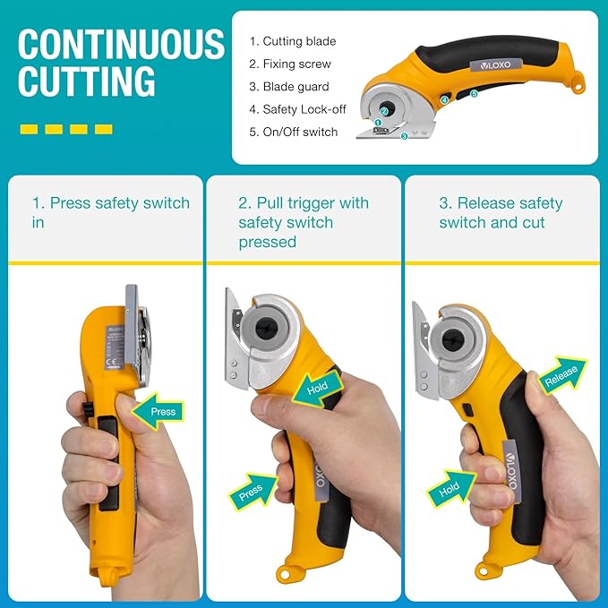 VLOXO Cordless Electric Scissors, Electric Box Cutter with Safety Lock, 4.2V Cardboard Cutter Multi-Cutting Tools, Rechargeable Powerful Leather Cutter for Carpet Cardboard Felt with Storage Box