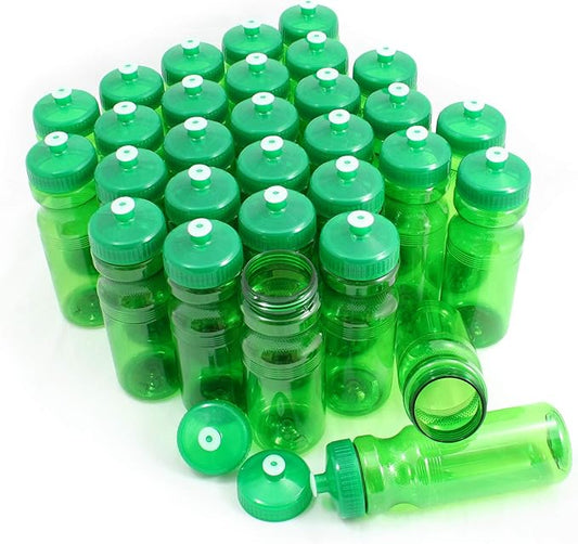 Rolling Sands USA Made 24 Ounce Sports Water Bottles - 30 Pack BPA-Free Blank Plastic Bottles for Teams, Gyms & Studios - Translucent Green Bottle/Green Lid