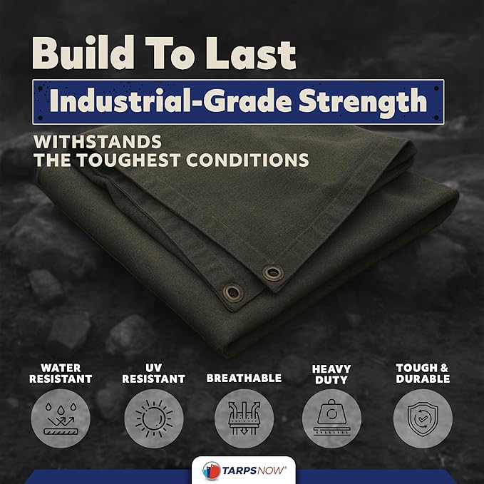 TarpsNow® Fire Retardant Tarp - 12' x 16' - 18 MIL Heavy Duty Canvas Tarp - Flame & Tear Resistant w/Brass Grommets - Best for Safety, Outdoors, Camping, Boating, Welding, Woodpile, House, Fire Pit