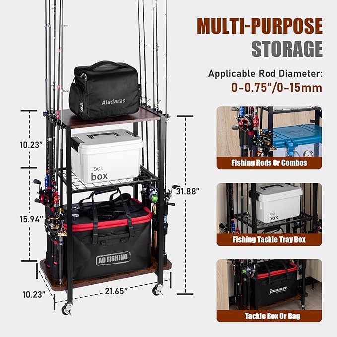 Fishing Rod Holders for Garage, Fishing Gear Tackle Cart Fishing Pole Organizer, Fishing Gear Storage Racks Holds up to 10 Rods or Combos, Fits All Fishing Rods