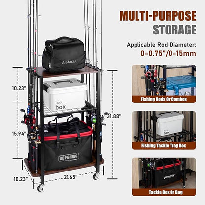 Fishing Rod Holders for Garage, Fishing Gear Tackle Cart Fishing Pole Organizer, Fishing Gear Storage Racks Holds up to 10 Rods or Combos, Fits All Fishing Rods