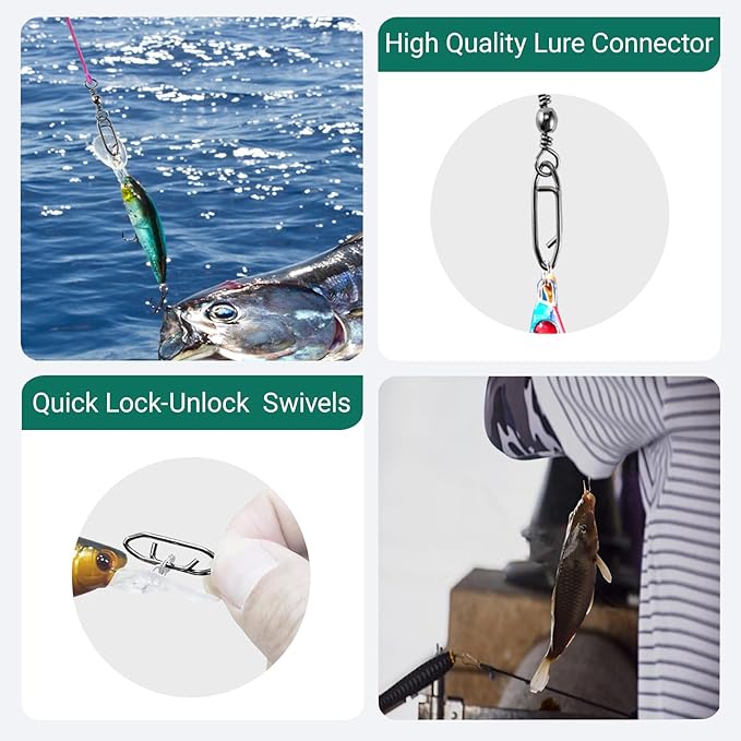 QISHUO High Strength Fishing Swivels Stainless Clips Steel Snap Swivels Barrel Connector Saltwater Swivel Fishing Rolling Black Nickel