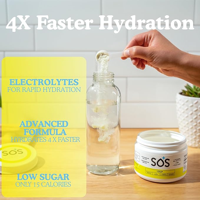 SOS Hydration Electrolyte Powder Drink Mix | Bulk 31 Servings | – Low Sugar | 15 Calorie Keto-Friendly & Rapid Rehydration| Lemon Flavor