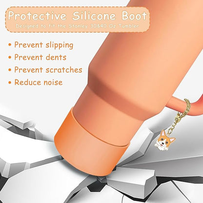 Stanley Cup Accessories Set,Including 2 Pcs 0.4in Straw Cover, 1 Silicone Spill-Proof Stopper, 1 Cute Dog Handle Charm, 1 Silicone Boot Fits Stanley 40&30 Oz Tumbler (Sunshine Orange)