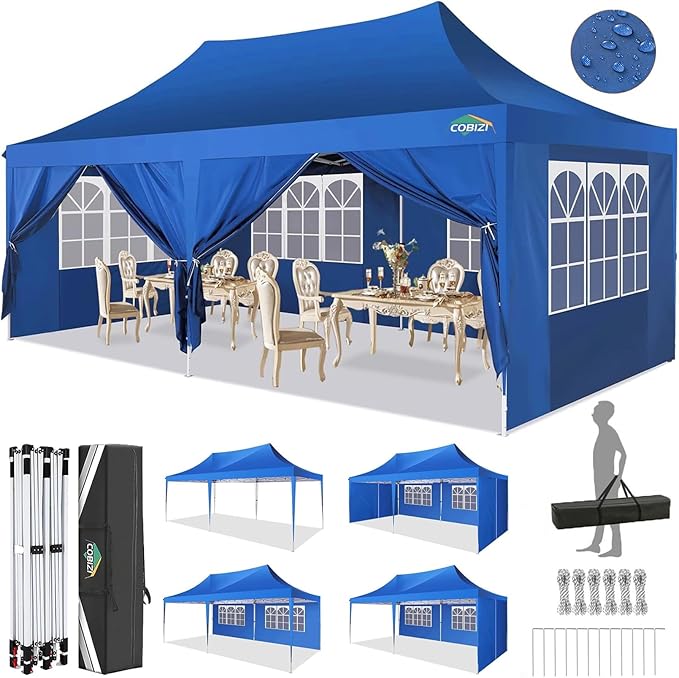 COBIZI 10x20 Pop Up Canopy Tent with Sidewalls,Party Tent Outdoor Gazebos, Waterproof & UV50+,3 Adjustable Heights,Higher Frame Design - Extra Tall for Parties Backyard,Weddings,Markets, Blue