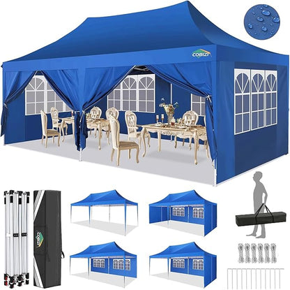 COBIZI 10x20 Pop Up Canopy Tent with Sidewalls,Party Tent Outdoor Gazebos, Waterproof & UV50+,3 Adjustable Heights,Higher Frame Design - Extra Tall for Parties Backyard,Weddings,Markets, Blue
