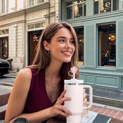 Stanley Cup Accessories Set,Including 2 Pcs 0.4in Straw Cover, 1 Silicone Spill-Proof Stopper Set of 3, 1 Cute Butterfly Handle Charm, 1 Silicone Boot Fits Stanley 40&30 Oz Tumbler (Rose Quartz)