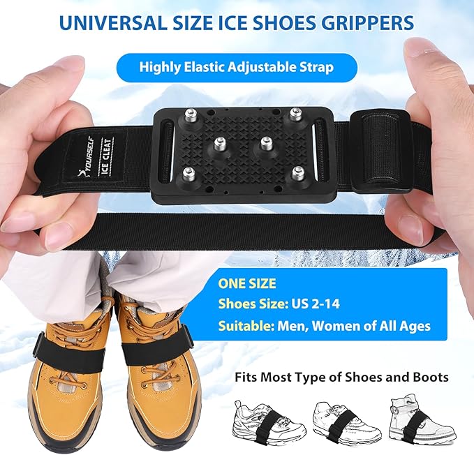 SYOURSELF Ice Cleats Crampons for Shoes and Boots, Rotatable Mid-Sole Traction Cleats Shoe Spikes for Snow and Ice, Non Slip Tungsten Spikes Ice Shoes Grippers for Men Women Winter Indoor/Outdoor