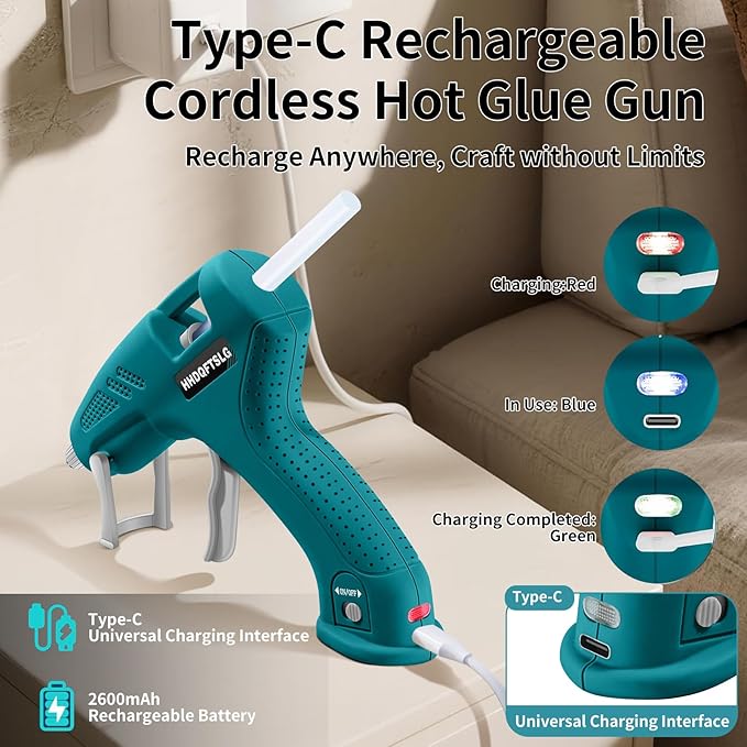 Cordless Hot Glue Gun with 30 Premium Glue Sticks, 20W Cordless Glue Gun, 90s Fast Preheating, 2600mAh Type-C Rechargeable for School Craft Arts, DIY, Home Repairs & Gift Making