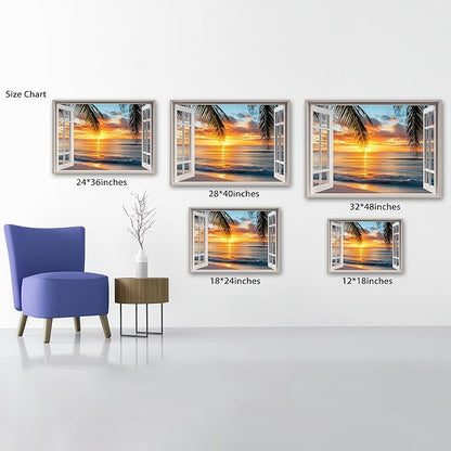 ANRUOXI Beach Picture Wall Art for Living Room, Ocean & Sunset Painting Decor for Bedroom, White Window Frame Style Sea Canvas Wall Decor, Summer Coastal Landscape Artwork for Home Office 18x24 Inch