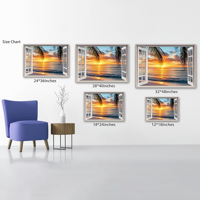 ANRUOXI Beach Picture Wall Art for Living Room, Ocean & Sunset Painting Decor for Bedroom, White Window Frame Style Sea Canvas Wall Decor, Summer Coastal Landscape Artwork for Home Office 24x36 Inch