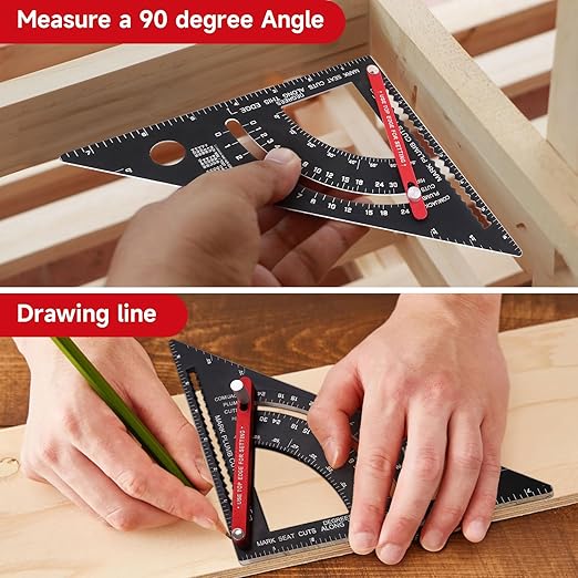 Carpenter Square 7 inch, Aluminum Adjustable Rafter Framing Square, Multifunction Woodworking Measuring Tools, Combination Square Angle Carpentry Triangle Ruler with 2 Pencils