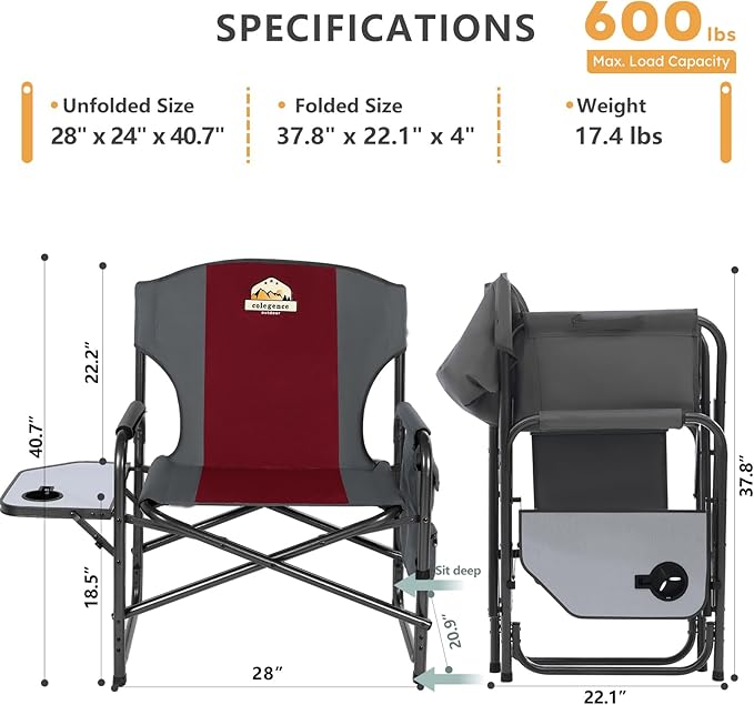 Oversized Directors Camping Chair Set of 2 Support 600 LBS, Heavy Duty Folding Outdoor Chairs with Detachable Side Pocket and Adjustable Side Table for Outside Beach,Lawn,Fishing (Red)