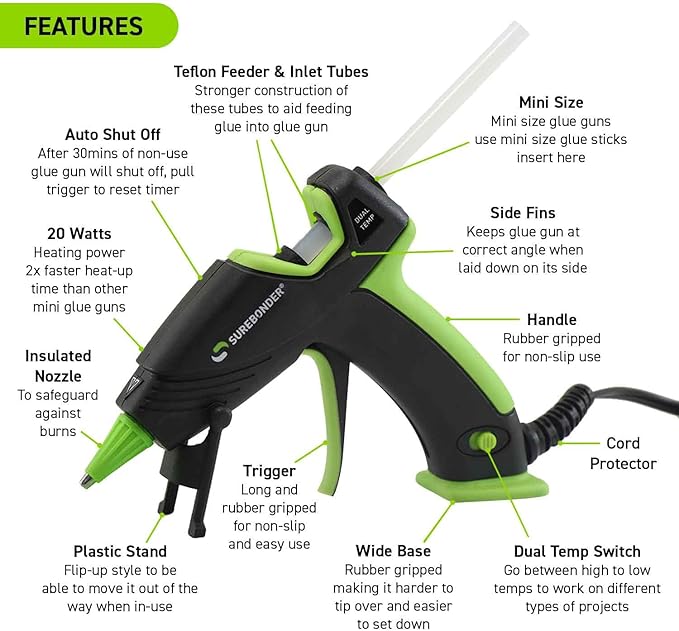 Surebonder Mini Hot Glue Gun with Dual Temperature & Auto Shut Off, 20 Watts for Fast Heating & Consistent Glue Flow, Adjust Temp for Multiple Projects (Ultra Series DT-320F)
