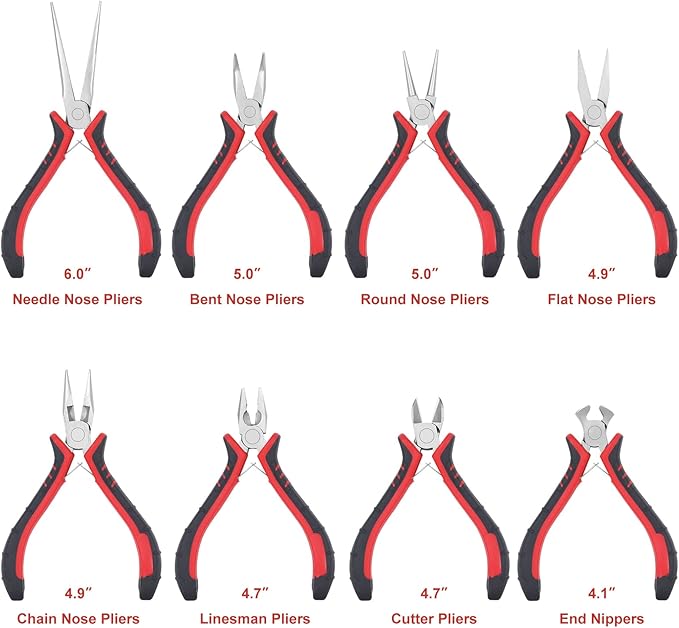 Jewelry Pliers Sets Jewelers Making Tools Kit, Professional 8 piece Mini Wire Plier with Wood Holder for Beading, Crafting, Crimping, Cutting, Repair, Wrapping, Complete Quality for Adults Starter