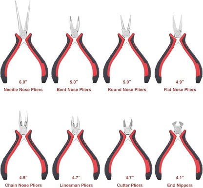 Jewelry Pliers Sets Jewelers Making Tools Kit, Professional 8 piece Mini Wire Plier with Wood Holder for Beading, Crafting, Crimping, Cutting, Repair, Wrapping, Complete Quality for Adults Starter