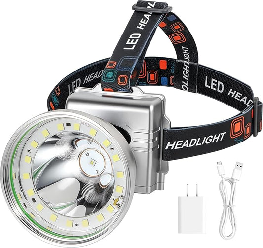 Rechargeable LED Headlamp with Flood and Spot Beam, Power Display, 5 Lighting Modes, Ultra Bright High Lumen Waterproof Head Torch for Camping, Running, Hiking, Fishing, Hunting and Outdoor Activities